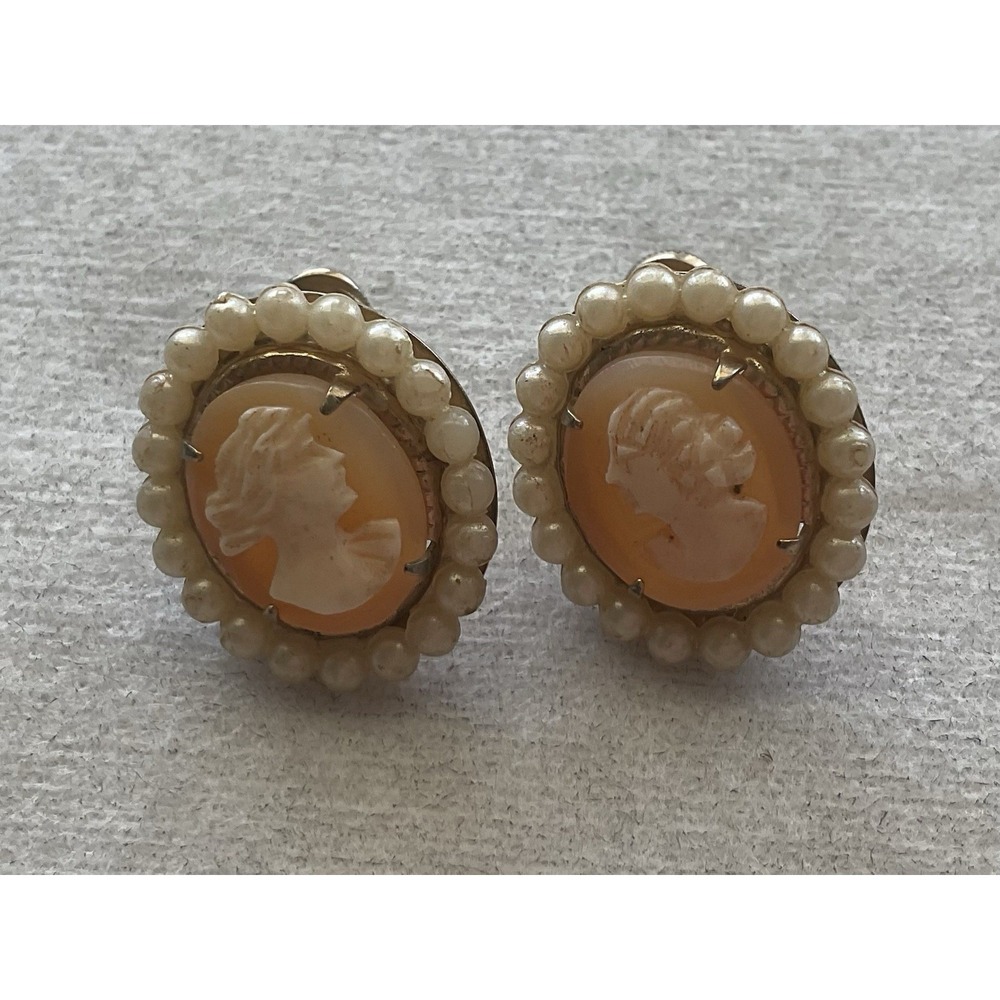 vintage Carved Shell cameo earrings Screw Back Faux Pearl Border Estate Jewelry